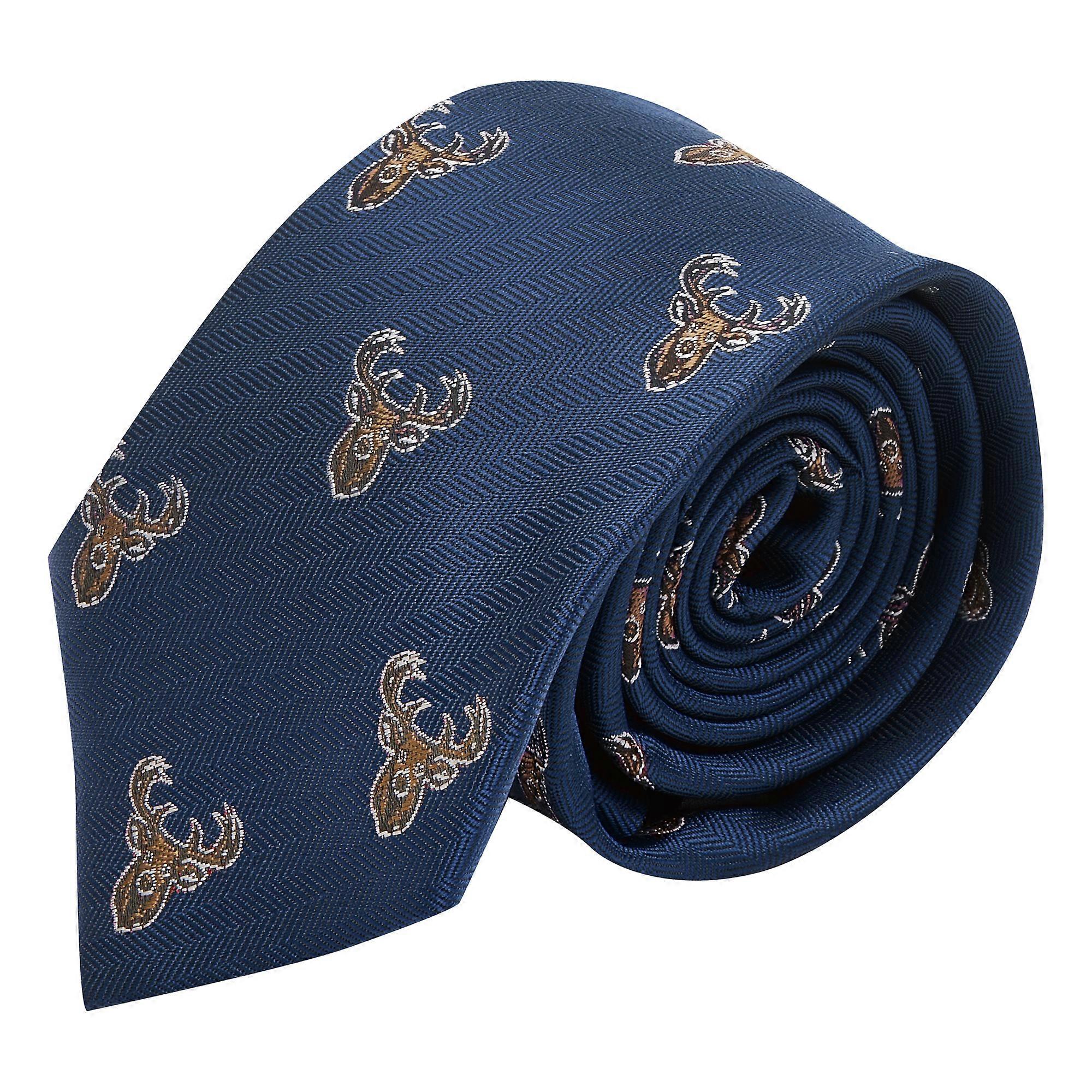 Navy Blue Stag Head Herringbone Tie