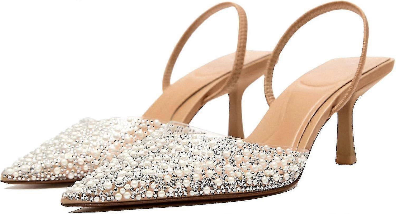 YIYA المرأة واضحة الكعب Lingback مع اللؤلؤ مرصع وأشار اصبع القدم هريرة منتصف الكعب البراقة حجر الراين الانزلاق على أحذية حفل الزفاف