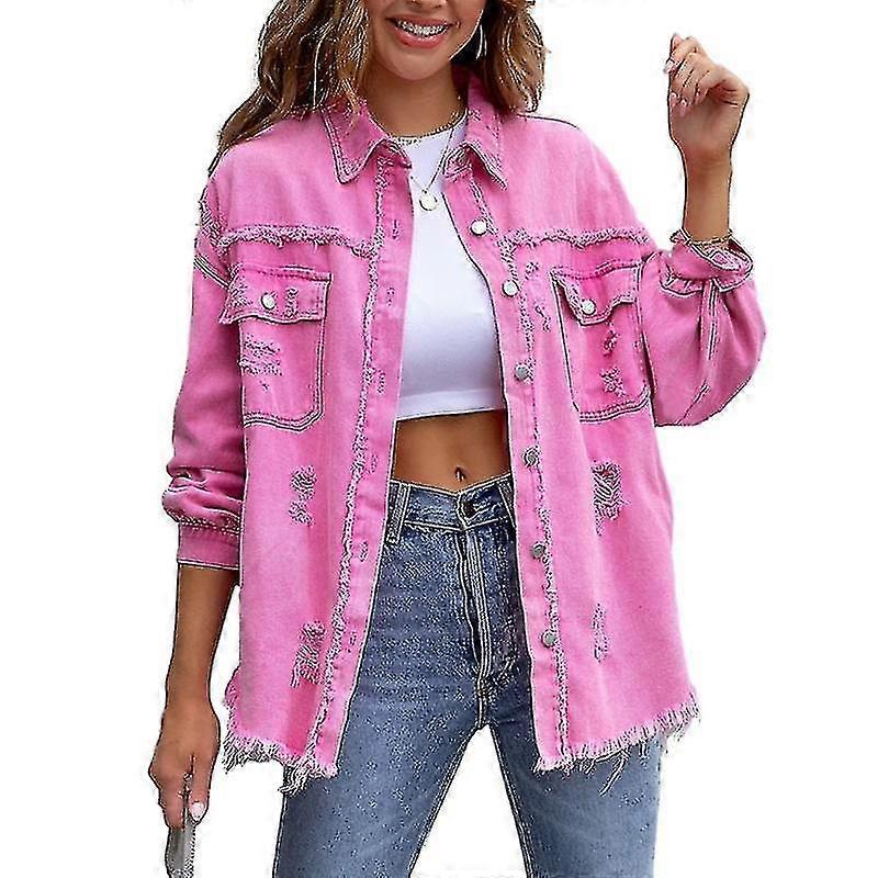 Kvinner Overdimensjonert Denim Jacket Distressed Ripped Jean Jacket