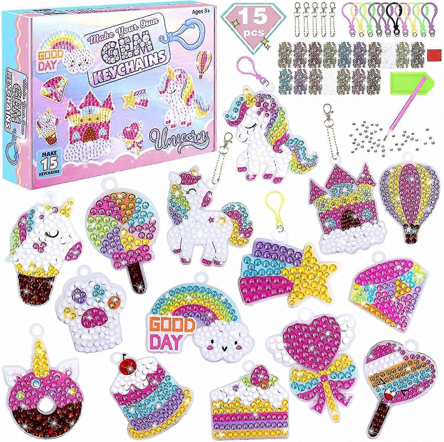 15pcs יהלום ציור ערכות אמנות לילדים, 5d יהלום ציור Keychains טבעת