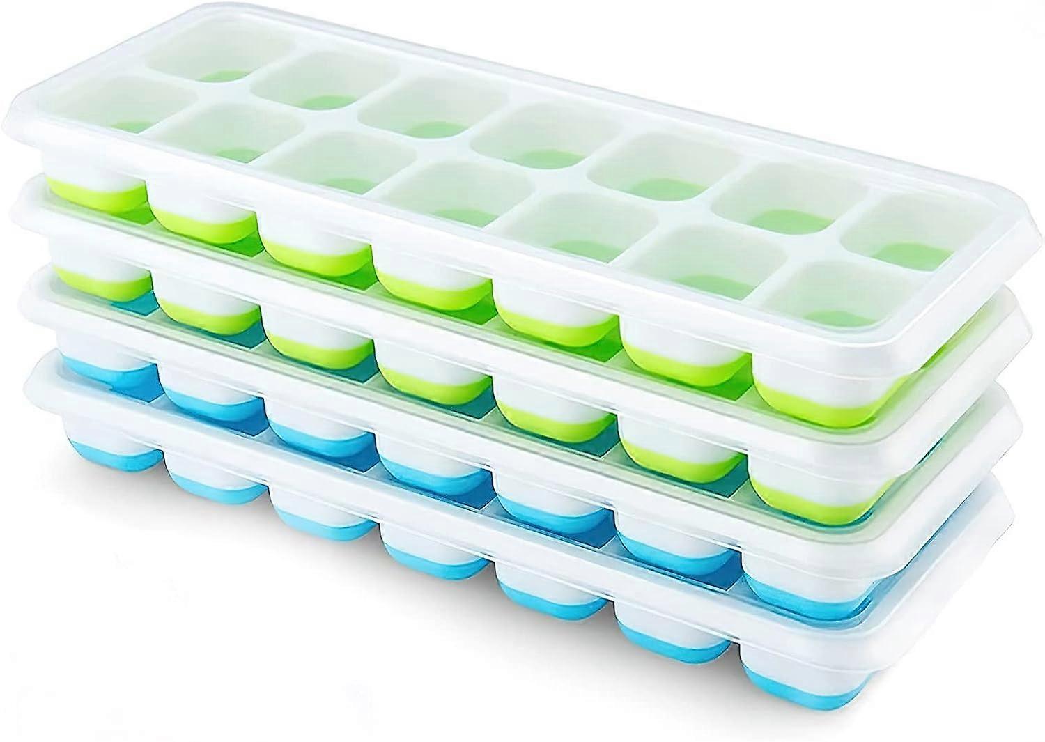 4 Pack Silicone Ice Cube Trays with Lid Square Stackable Space Saving Easy Remove Ice Cube Tray Blue/Green