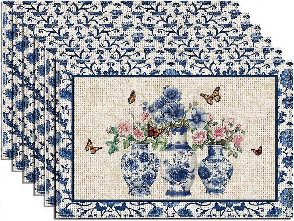 6Pcs Classical Chinese Vase Table Cloths 17.7x11.8 Inch Rectangle Floral Patten Table Placemats for Dining Table Decor Seasonal Spring Summer Polyeste