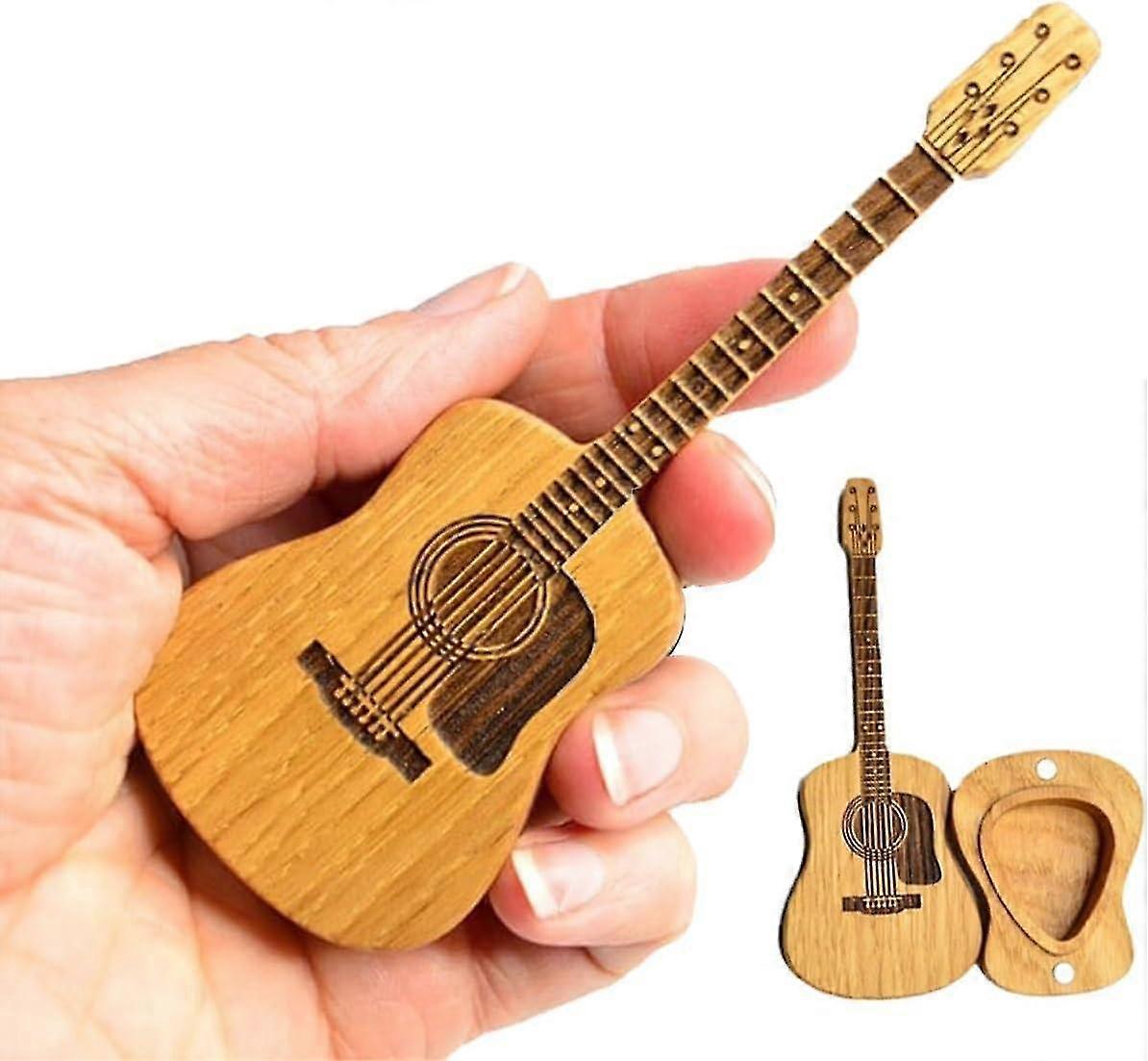 Trä akustisk gitarr plektrumbox, gitarrlåda för plock, gitarrplektrumhållare, gåva till gitarrist Trä akustisk gitarr plockar låda med stativ Tw
