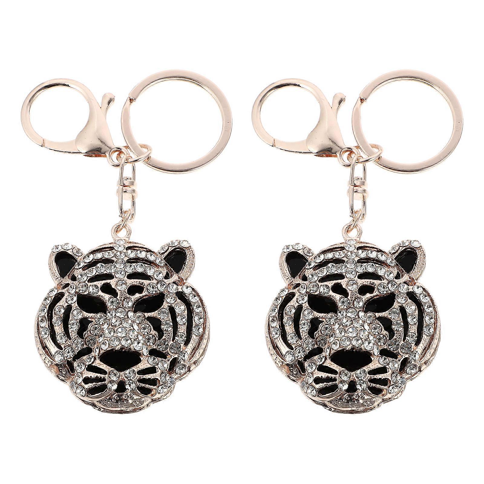 2pcs Shiny Rhinestone Tiger Keychains Keyholder Pendants Creative Keyring Decors