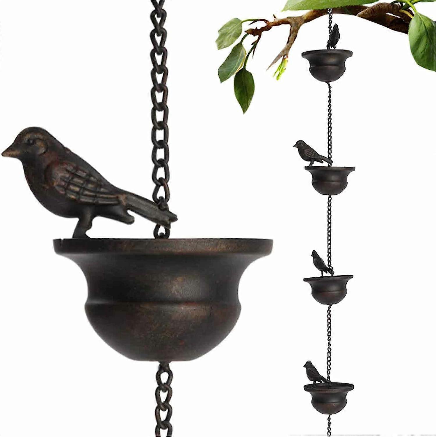Birds Rain Chain, 7.8ft Rain Chimes with Attached Hanger, Rain Catcher Chain, Birds on Cups Gutter Downspout Mobile, Gutter Cups Gift for Housewarming