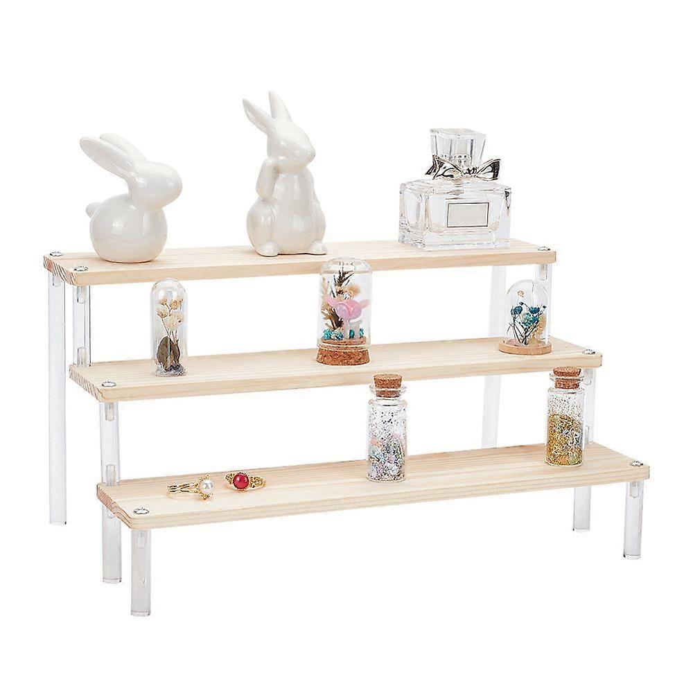 3-Tier Acrylic Action Figure Display Risers Wood Tiered Display Organizer Hoder for Minifigures Model Toys Ladder Shaped Dolls Shelf with Iron Screwdr