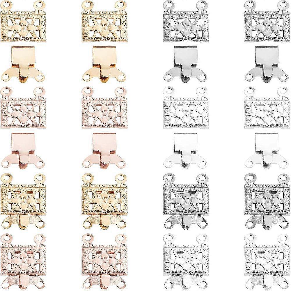 40 Sets 4 Colors 304 Stainless Steel Box Clasps Multi-Strand Clasps 2-Strands 4-Holes Rectangle with Flower Mixed Color 15x10x3mm Hole: 1mm 10sets/col
