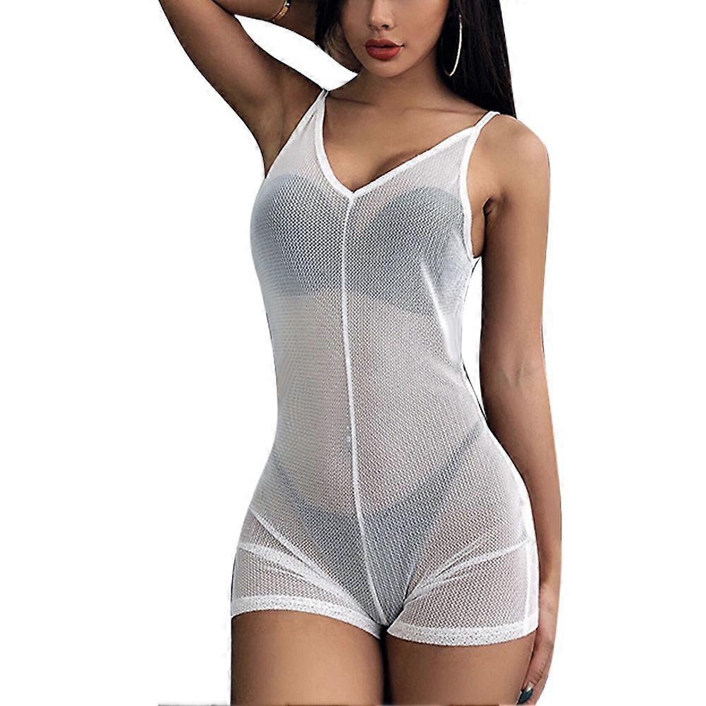 Perspective Mesh Jumpsuit Sleeveless Solid Color V Neck Jumpsuit (White S)