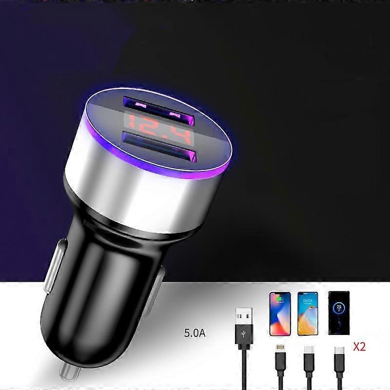 USB Car Charger Quick Charge - [Smart Detection Super Flash Charge] Silver + [Telescopic 3-in-1 Data Cable X2] (One Set)