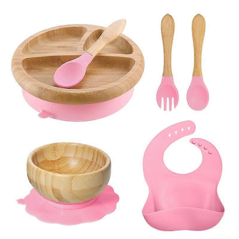 unbrand Tiny Dining Childrens Bamboo Tableware Set Plate Bowl Spoon With Stay Put Suction Pink