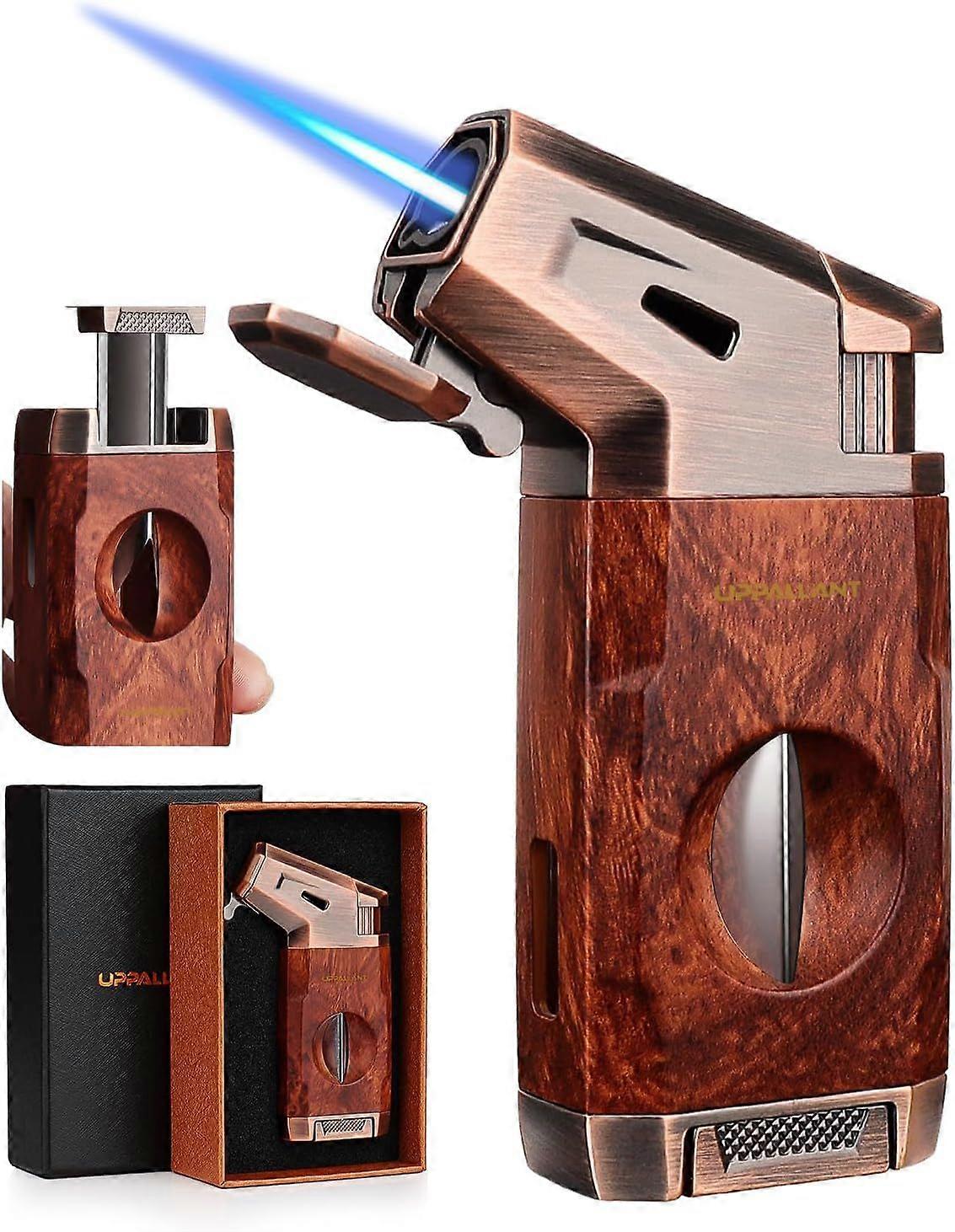 Torch Lighter with Jet Flame, Built-in V Cutter, Refillable Butane Torch Lighters, Box for Men, All-in-one Windproof Cool Lighters
