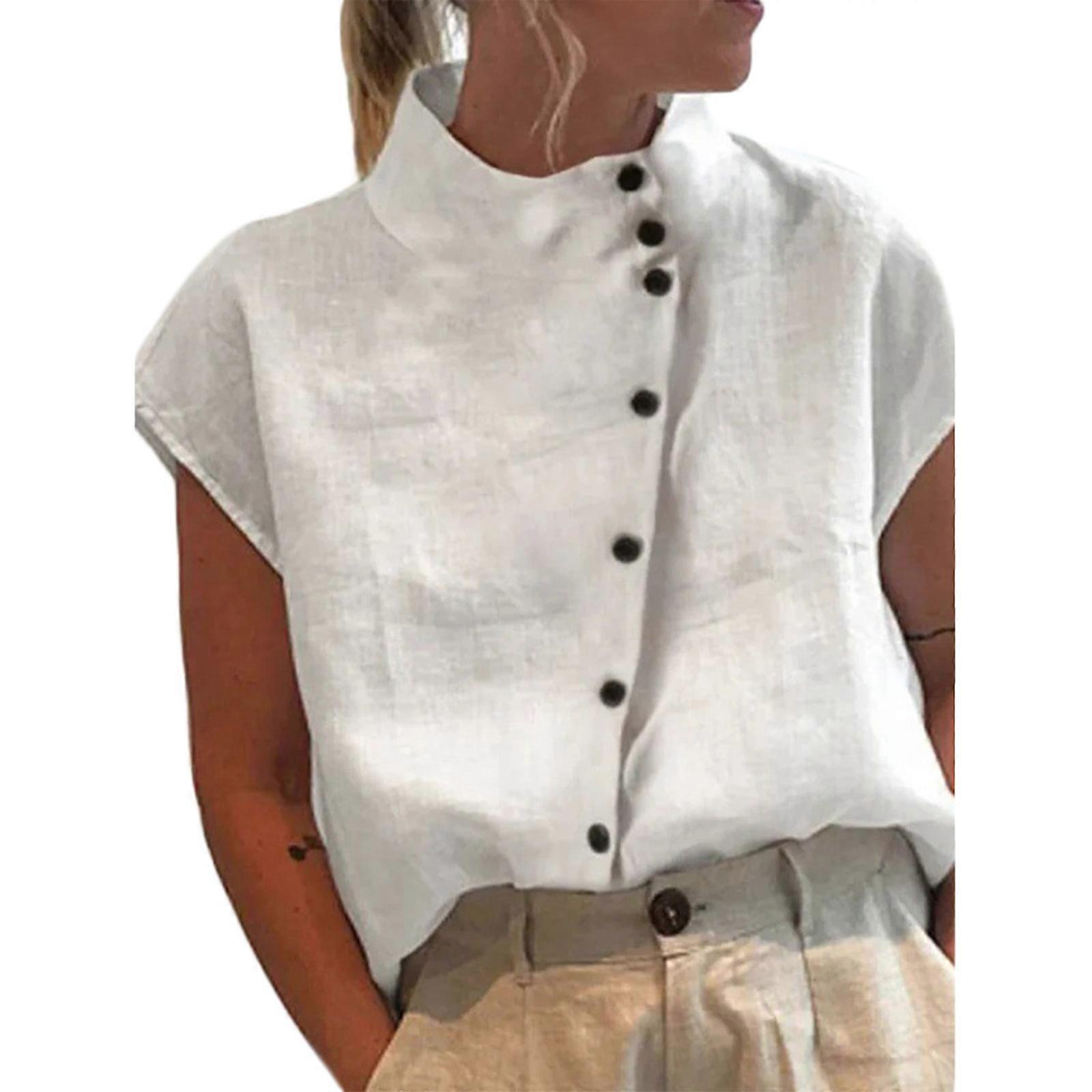 Mode Kurzarm Hemd Top für Frauen Stehkragen Bluse All-Matching Button-Down Bluse Sommer Baumwolle Leinen Bluse Weiß XL