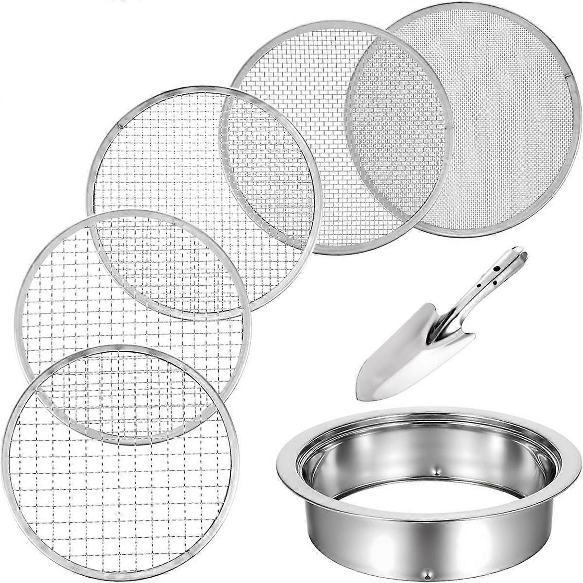 Soil Sifter Riddle Sieve Set for Gardening with 5 Sizes 8 Inch Diameter 1/3/6/9/12mm Interchangeable Meshe