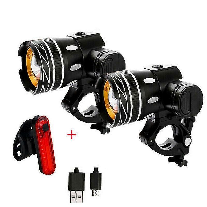 7602 LED USB Charging Telescopic Zoom Bicycle Front Light, Specification: 2 Headlight + 056 Taillight