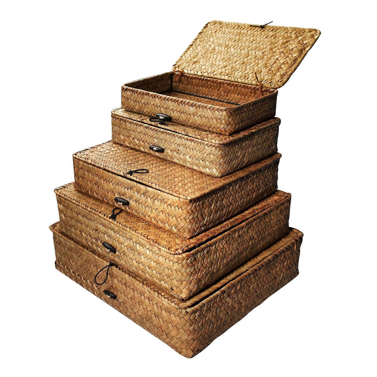 Seagrass Basket with Lid Set of 5 Sizes Decorative Rattan Wicker Storage Bins for Closet Bedroom Organizing (Brown)