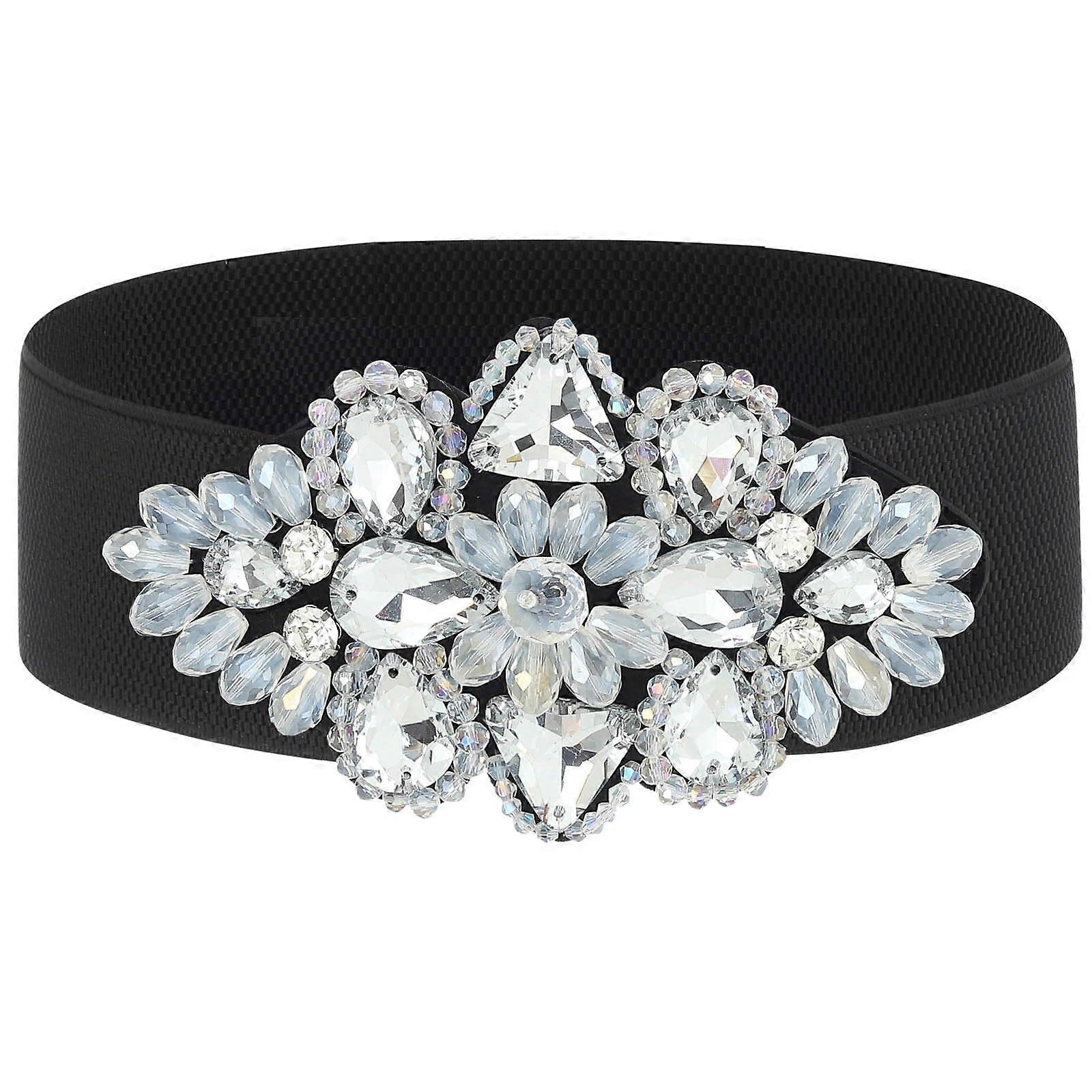Rhinestone Elastic Belt Black Women Stretch Belt Gold Girls Wide Crystal Flower Waist Accessory Size X-Large