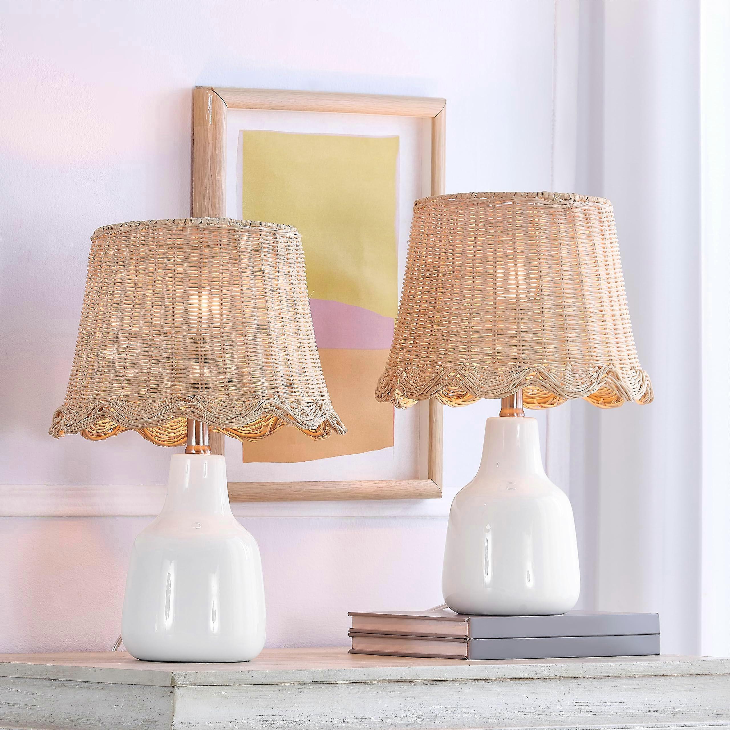 16.5' Farmhouse White Table Lamps Set of 2, Boho White Ceramic Bedside Lamps with Rattan Shade