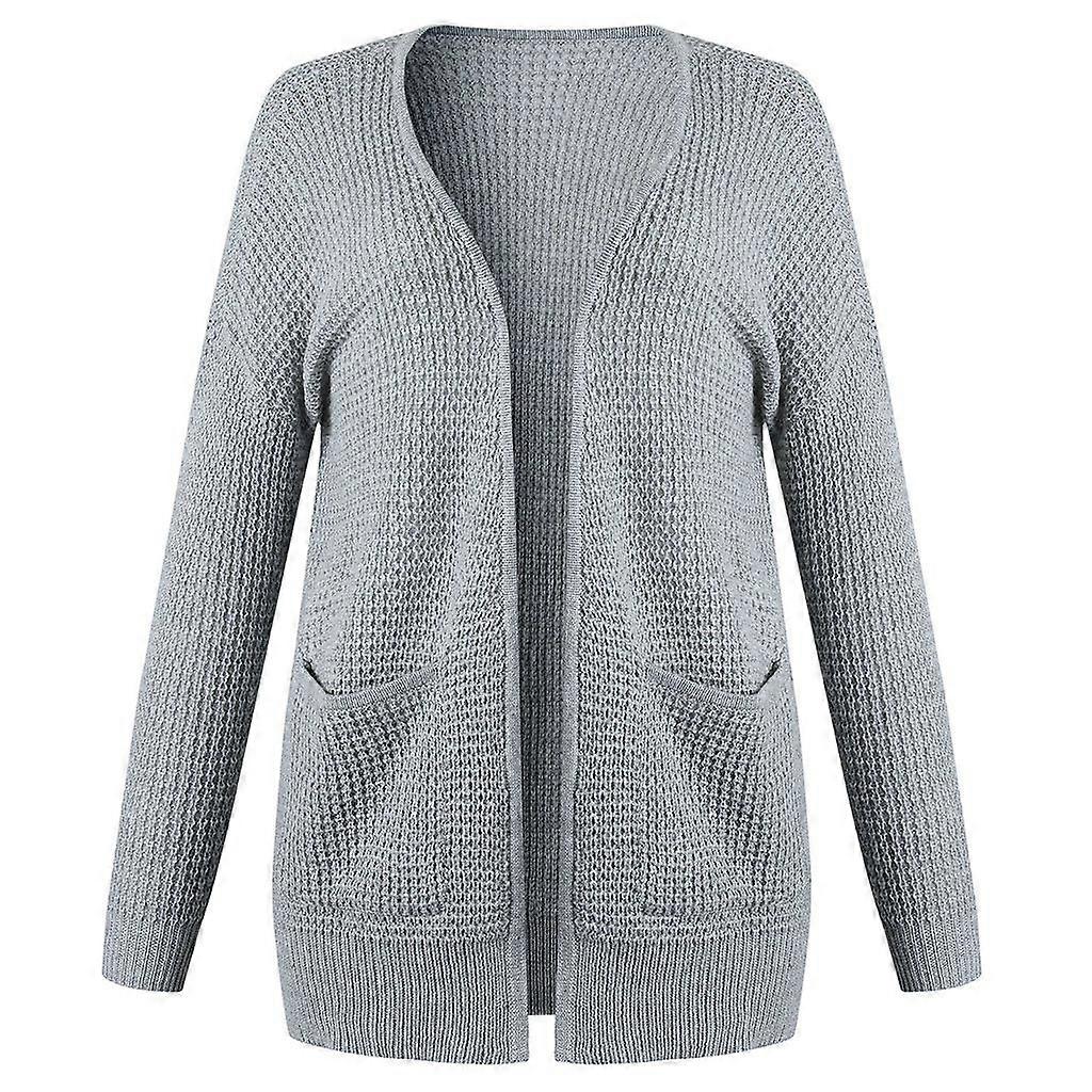 Women Long Sleeve Sweater Cardigan Open Front Waffle Knit Solid Side Split Coat