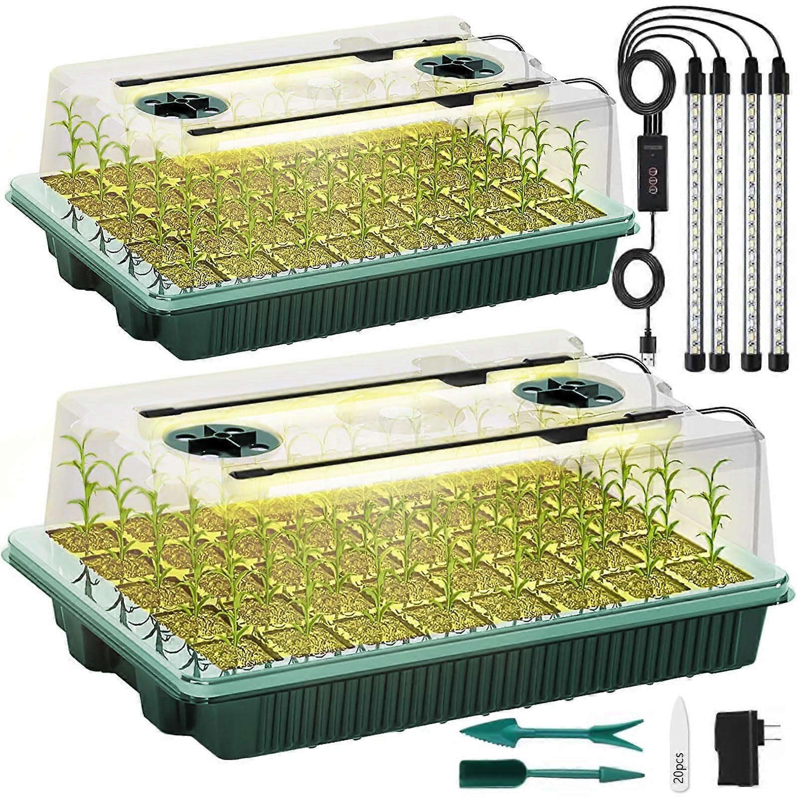 Seed Starter Tray with Grow Light - 2 Pack 80 Cells Seedling Starter Kit with Dome and Adjustable Brightness for Indoor Gardening