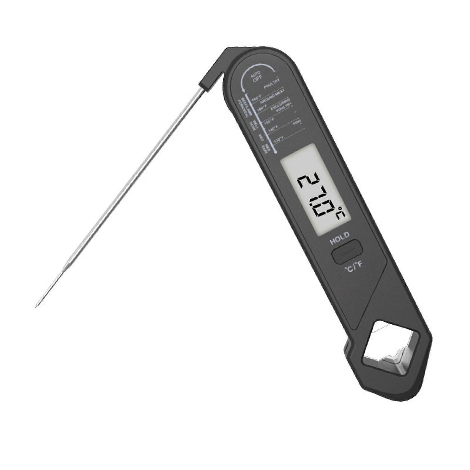 Foldable Digital BBQ Thermometer with Bottle Opener Waterproof Instant Read  Black