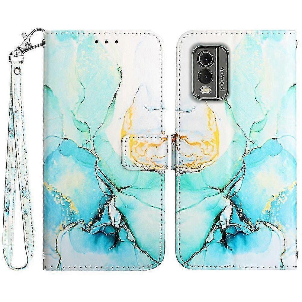 For Nokia C32 (TA-1534) Marble Pattern Phone Case Wallet Stand Cover with Strap LS003