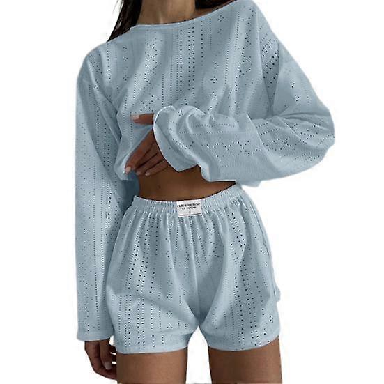 2 Pcs/Set Women Top Shorts Outfit Hollow Out Elastic Waist Loose Long Sleeve O Neck Thin Solid Color Breathable Soft Homewear T-shirt Shorts Set