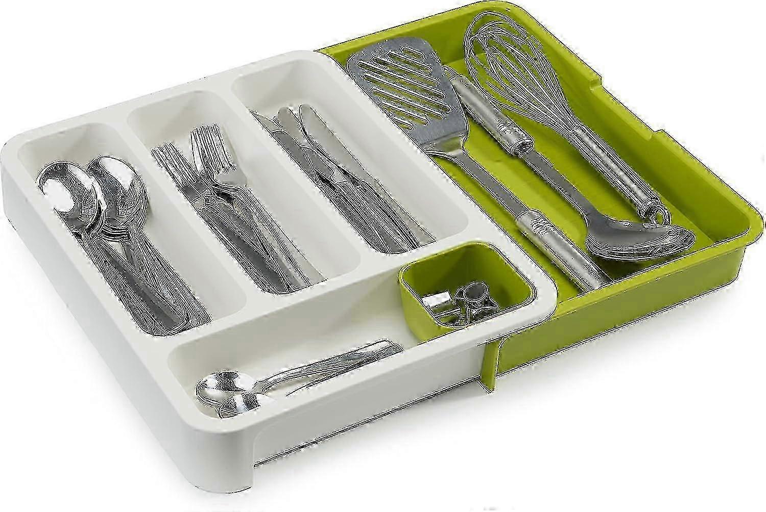 Expandable Cutlery Tray for Drawer, Adjustable Organizer - White/Green