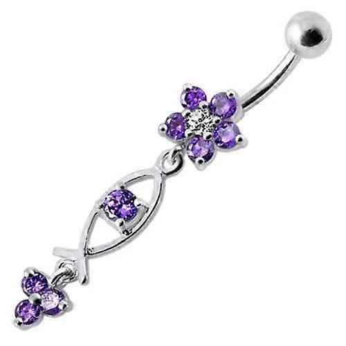 Silver Fancy Jewelled Dangling Flower With Ss Banana Bar Navel Ring