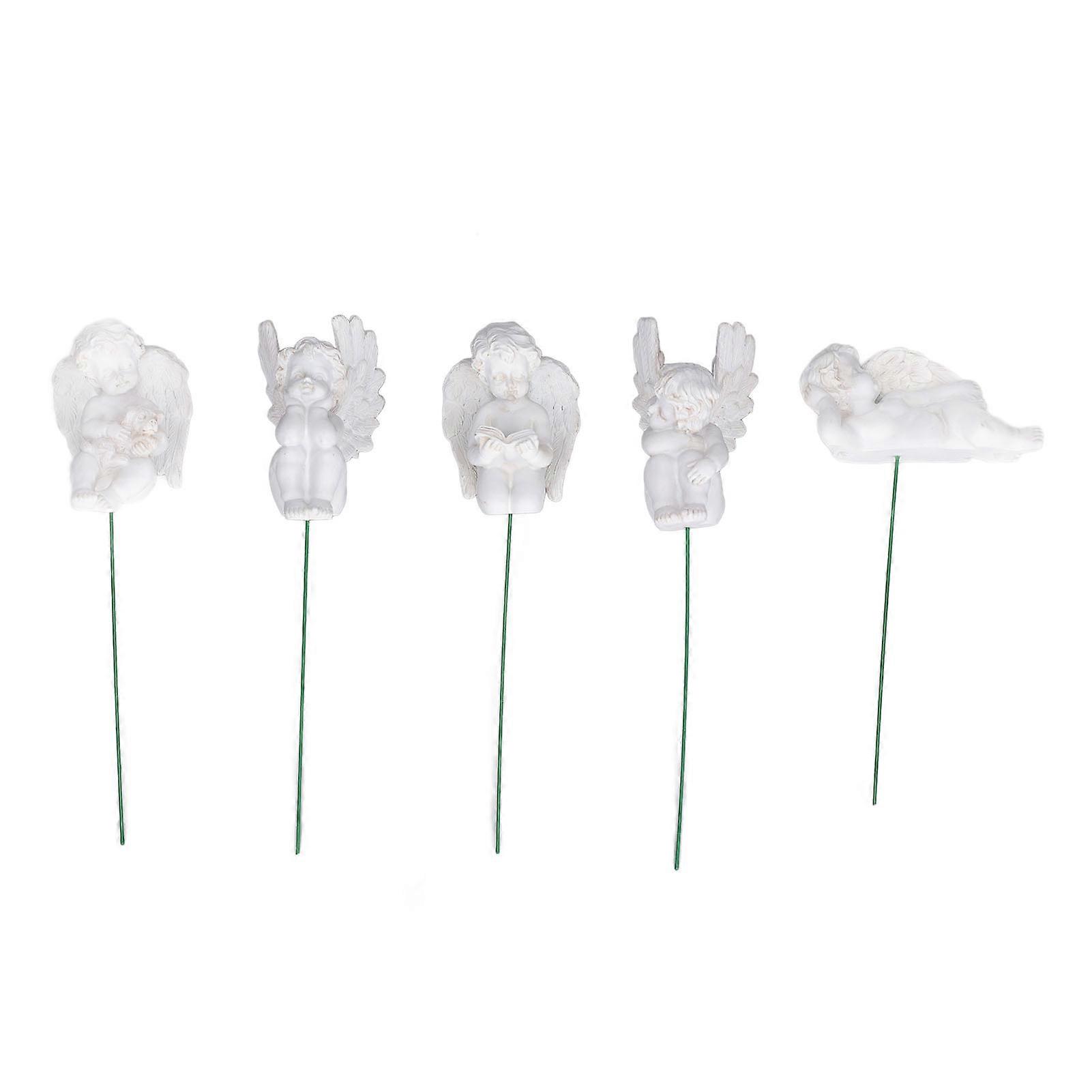 Set of 5 Cupid on Stick Figurines Made of Durable Resin, Miniature Size, White Angel Figurine Widely Used for Garden, Backyard and Floor