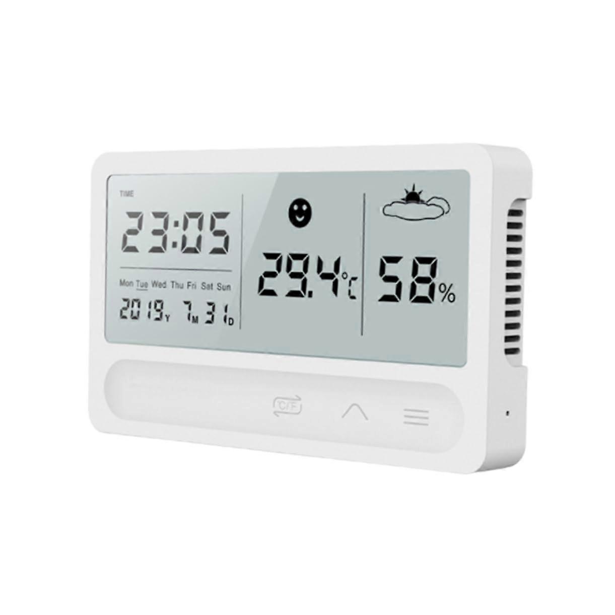 Electronic Hygrometer Indoor Humidity Meter, Digital Temperature Readout, LCD Thermometer, Weather Clock, White Plastic