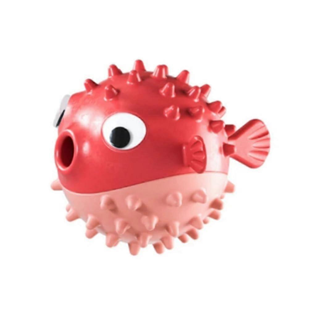 Fishshaped fetch ball for dogs, Biteresistant chew toy for molars, Dental cleaning ball for dogs, dispensing chew toy, Red