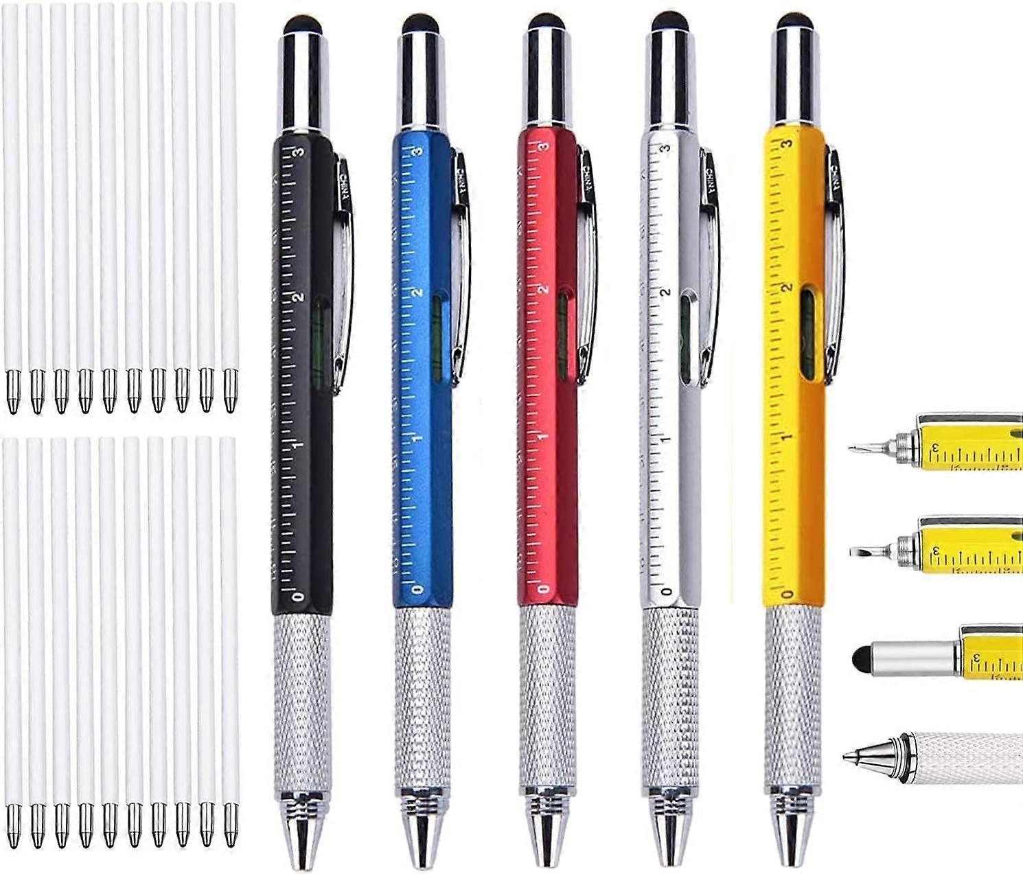 Multifunctional Pen, 8 Pack, 6in1 Ballpoint Pen with Ruler, Level, Stylus, Screwdriver (Yellow, Black, Gold, Silver)