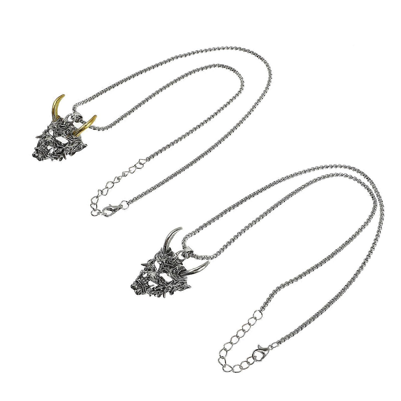 Evil Mask Horn Necklace Punk Style Pendant with Two Tone Gold Silver Horns Halloween Festival Masquerade Accessory