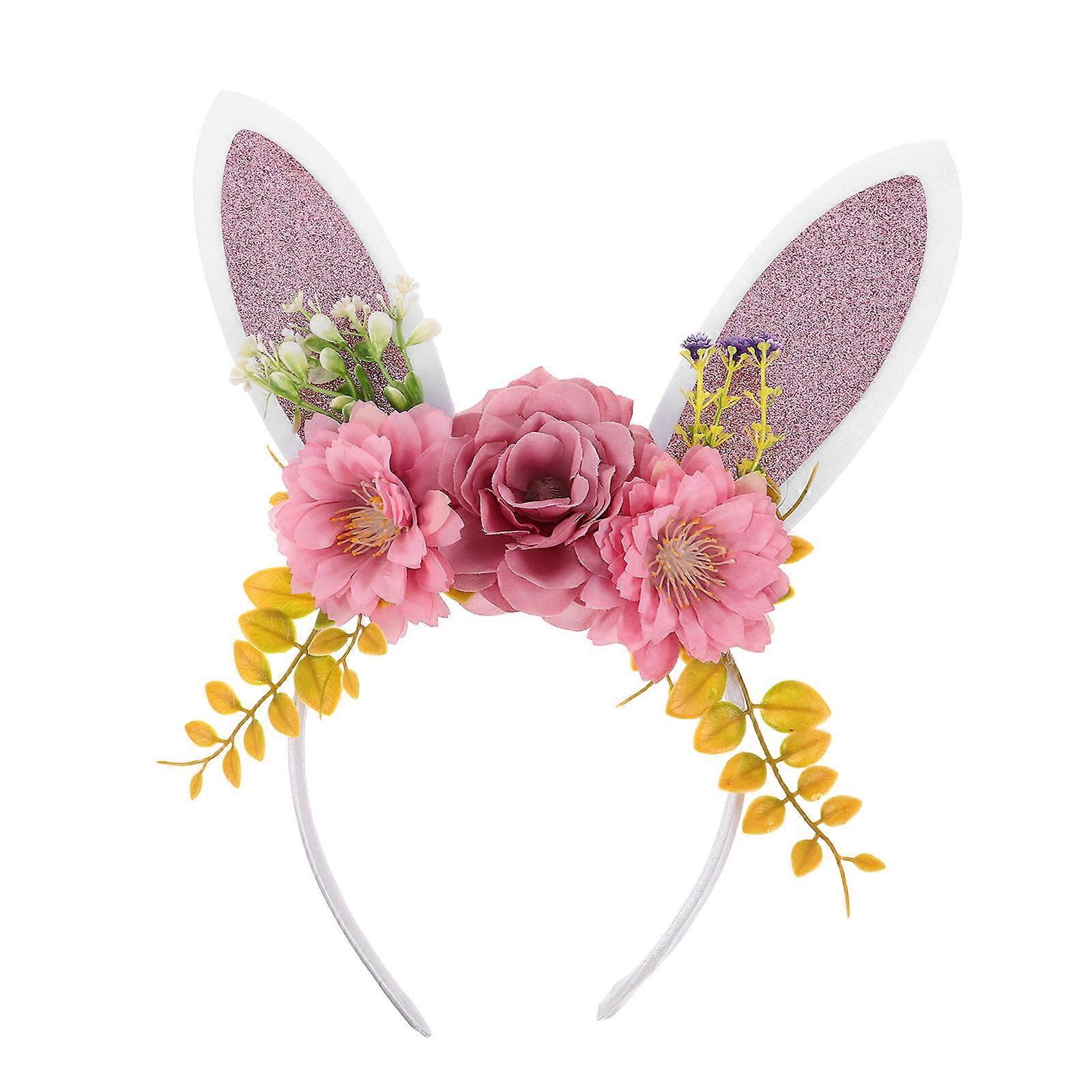 Adorable Bunny Ear headband with Simulation Flowers for Women Lightweight Comfortable Easter Party Accessories Multi