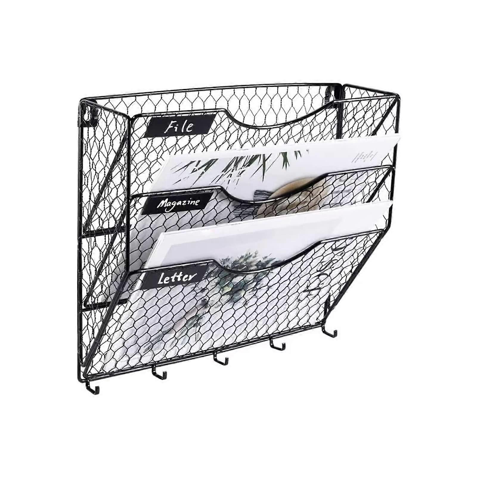 Three-layer wall-mounted folder with black hook design for newspapers/magazines/books organizer