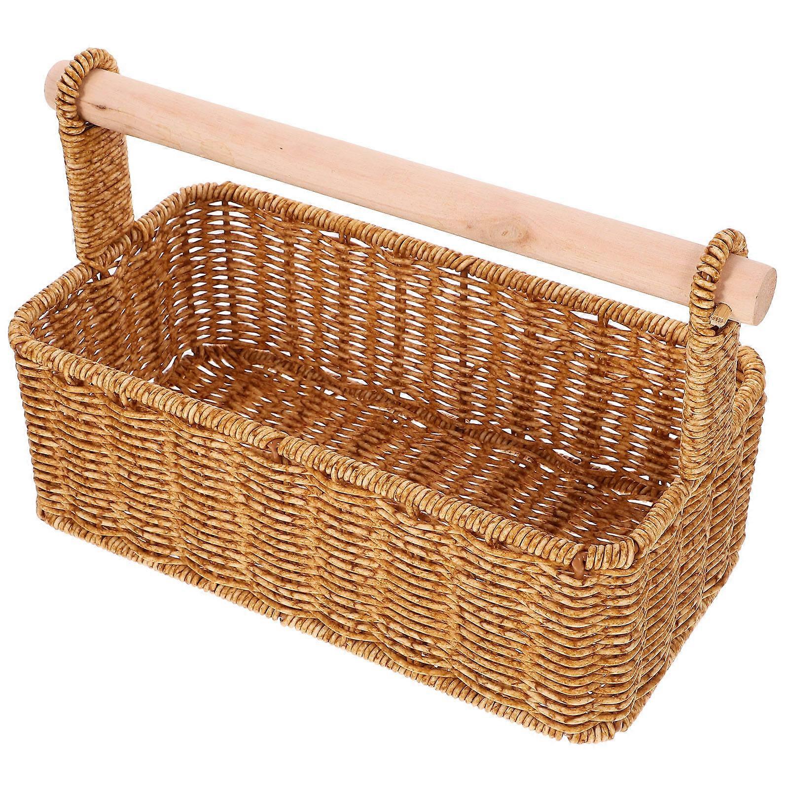 Decorative Storage Basket with Handle for Versatile Use Light Brown Wood PP and Iron 12.5 x 8.5 x 9.5 inches
