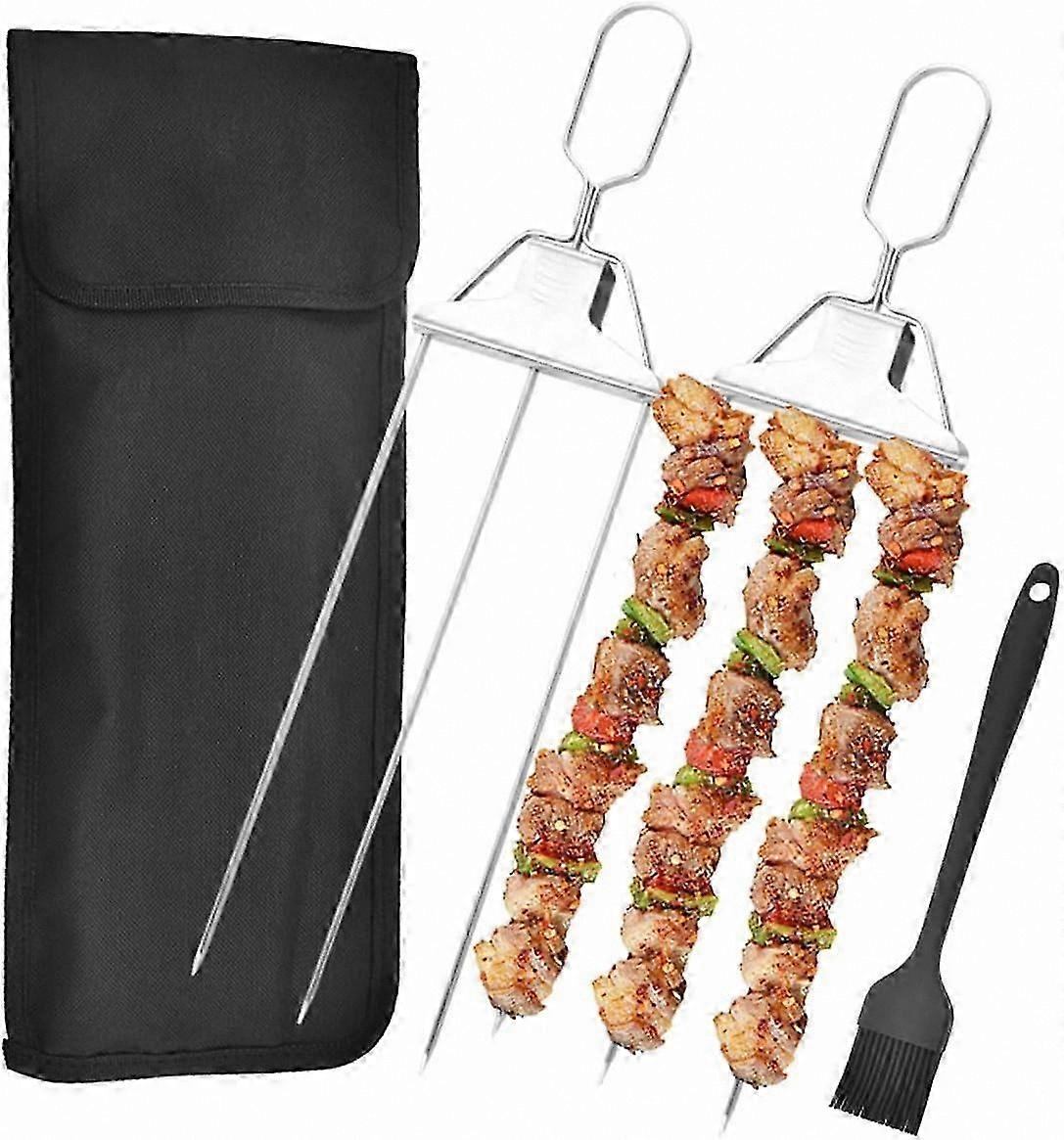 3-Prong BBQ Skewers for Grilling, Durable Push Bar Slider Skewers for Outdoor Cooking