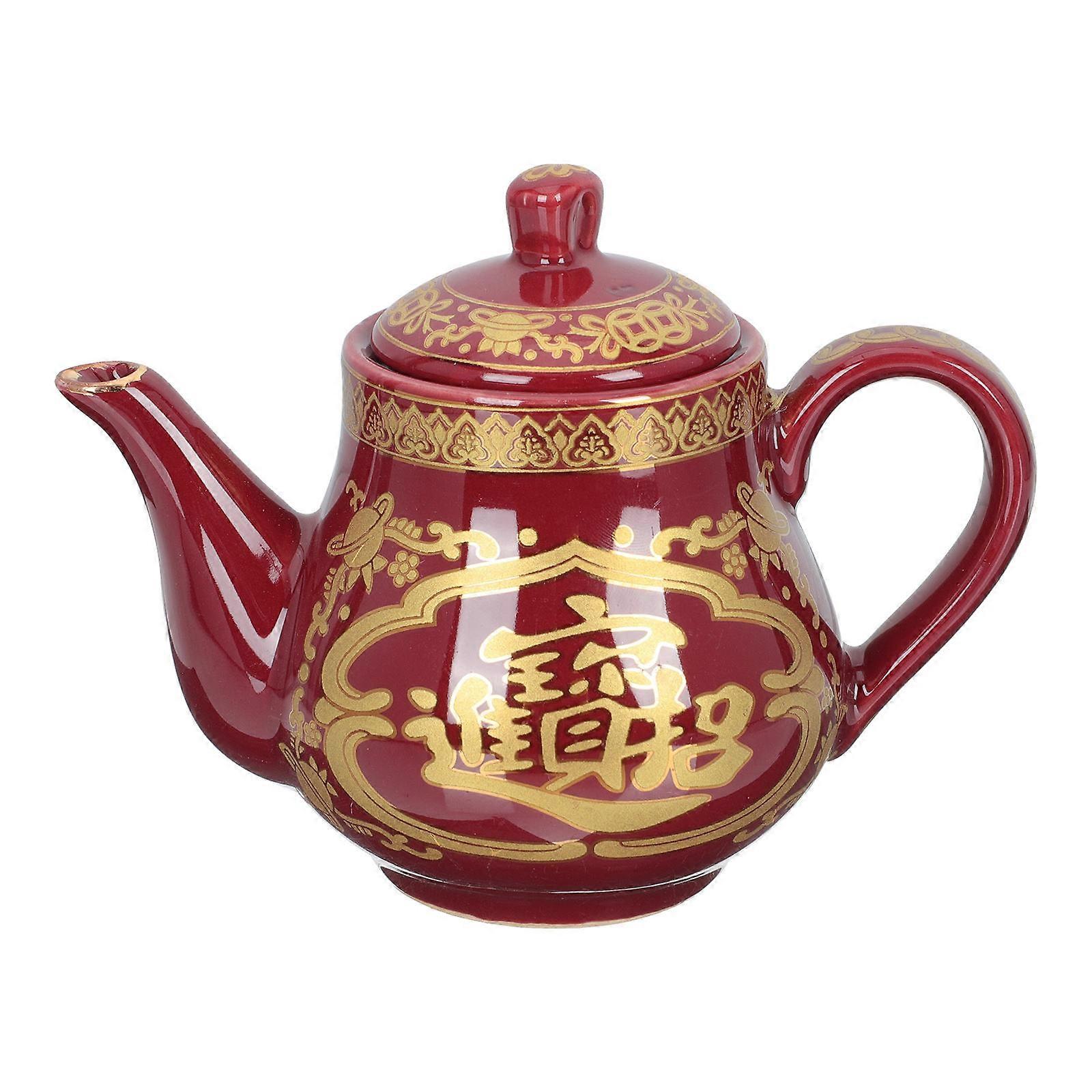Ceramic Tea Kettle Retro Teapot for Home Use Red 2Pcs Set