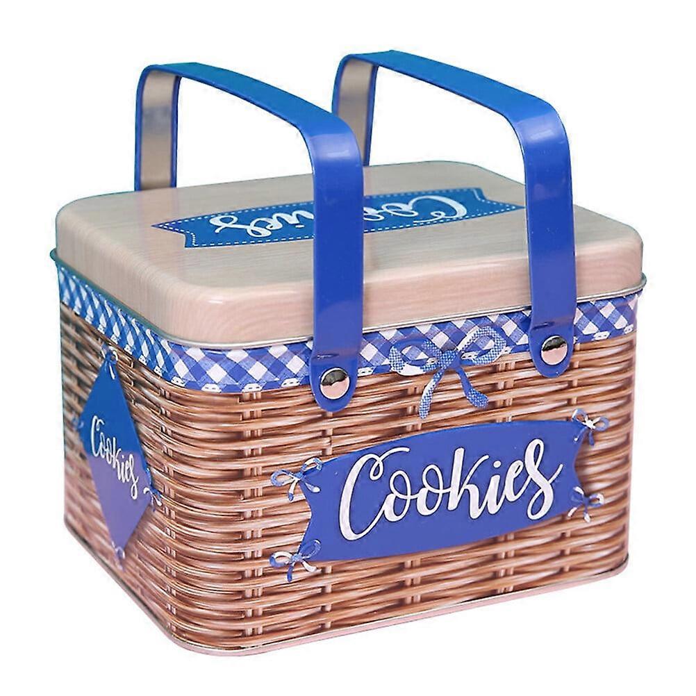 Rectangle Imitation Rattan Metal Cookie Tin Metal Cookie Tin Can with Handle (Random Style)