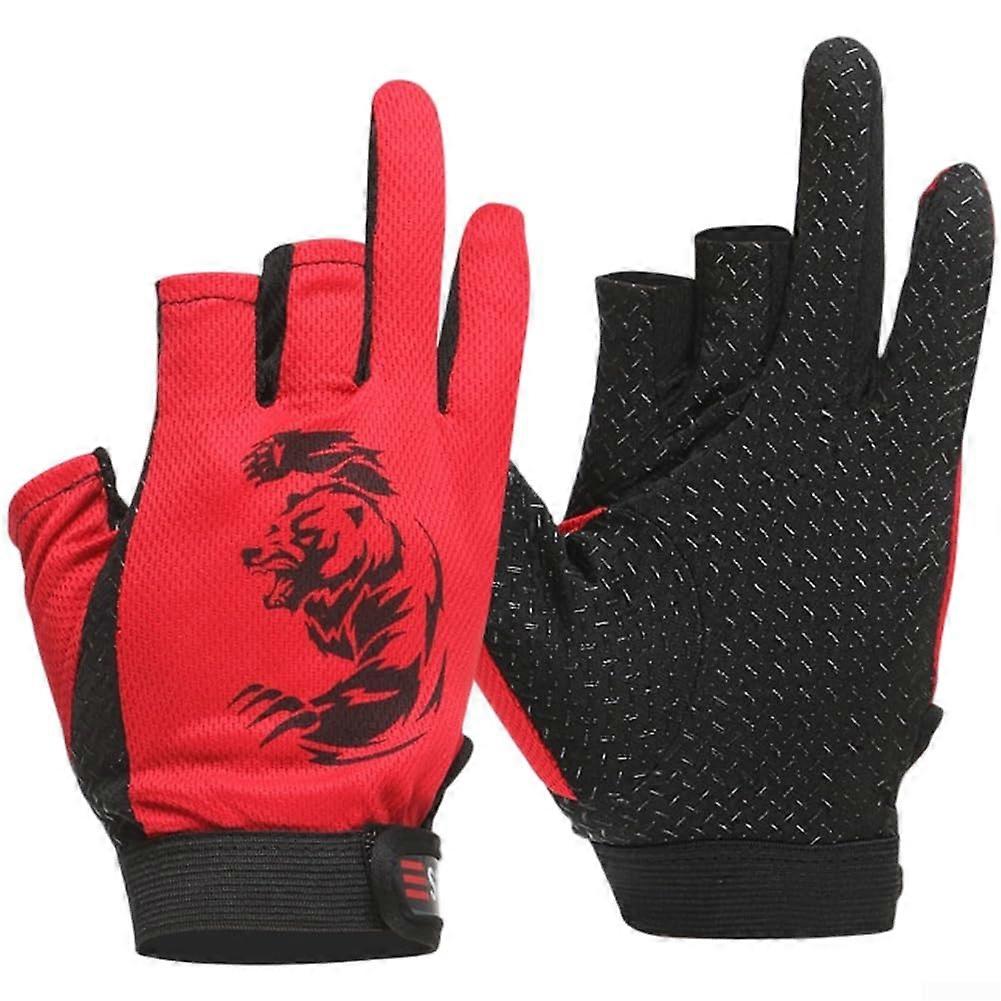 Three Finger Gloves Anti Slip Palm Quick Dry Polyester Breathable Mesh For Fishing Red