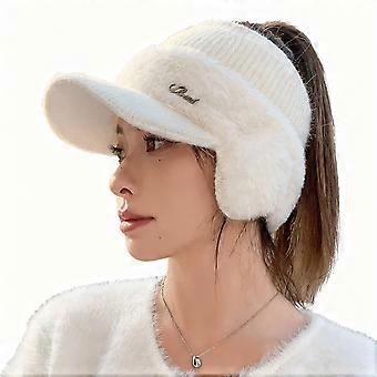 Gorro feminino quente para outono e inverno, com abertura para rabo de cavalo, estilo beisebol, grosso, para ciclismo ao ar livre, com proteção para as orelhas.