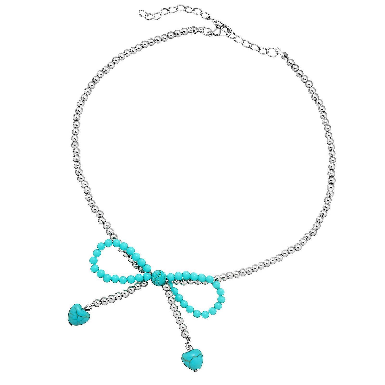 Classical Retro Collar Chain Necklace Adorned with Bowknot Heart Design and Turquoise Stone Detailing for Daily Multicolor