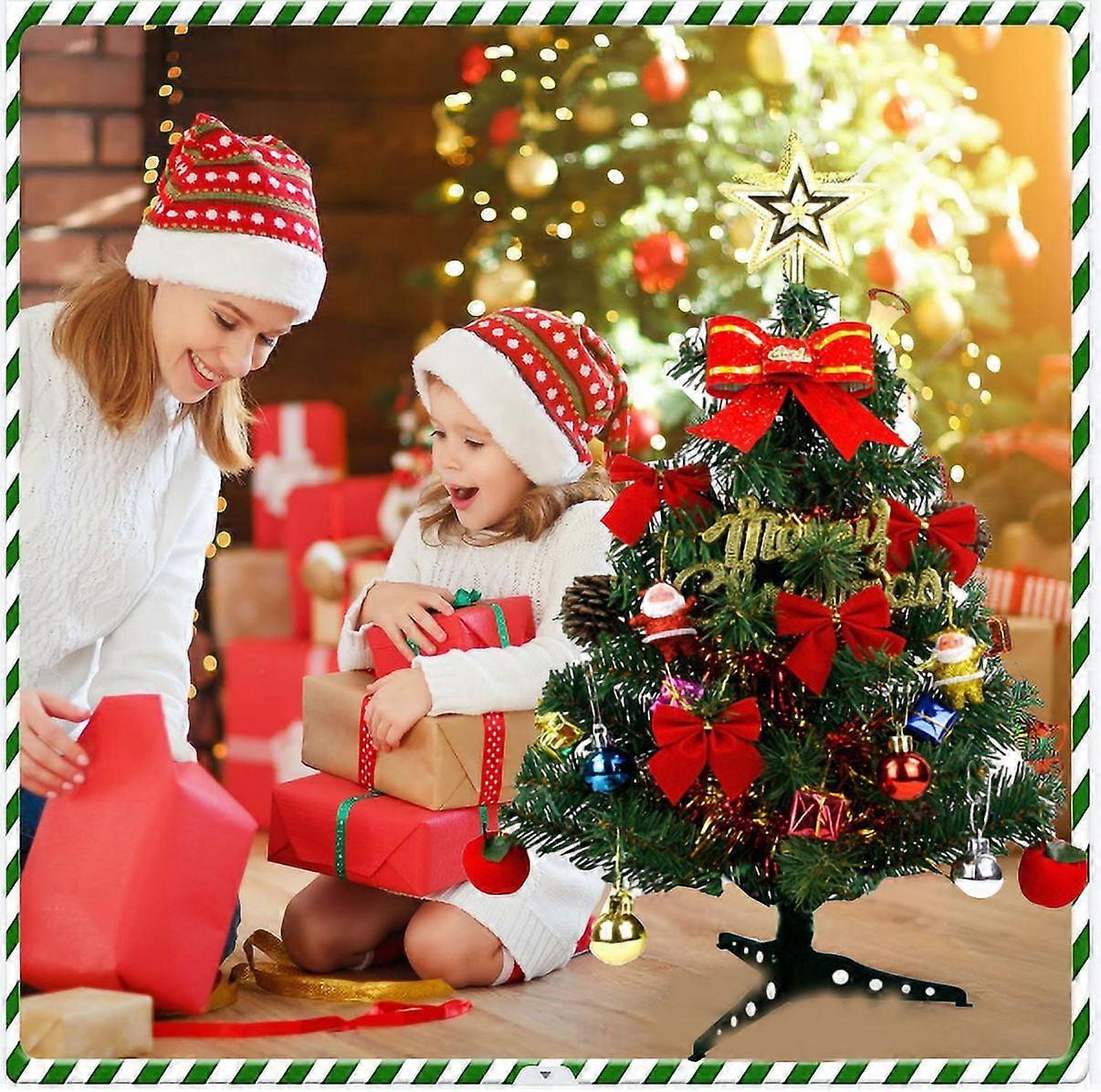 YiFudd Tabletop Christmas Tree with Lights, Mini Artificial Tree, Ornaments & Red Berries, DIY Christmas Decorations