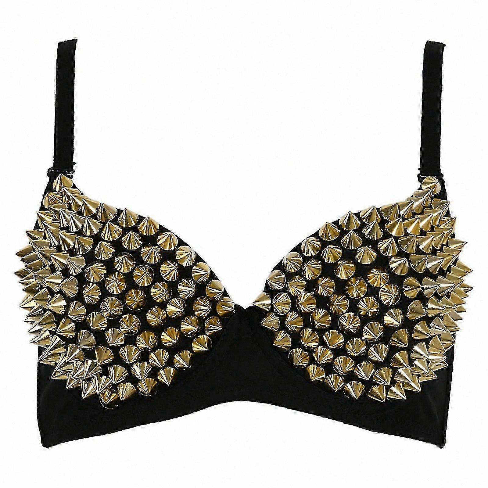 Metallic Spiked Rivet Studded Underwire Bra for Punk Rave Parties and Events in Gold