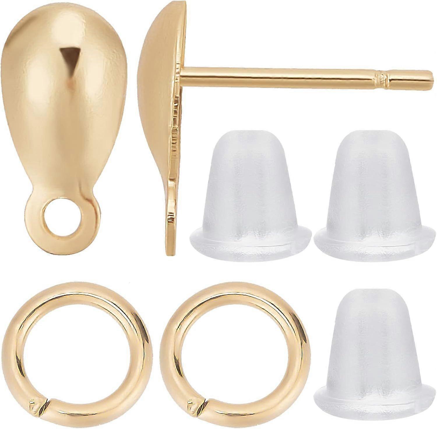 1 Box 100Pcs 18K Gold Plated Teardrop Stud Earring Posts Stainless Steel Earring with Loop Findings Components 100pcs Open Jump Ring 100pcs Plastic Ea