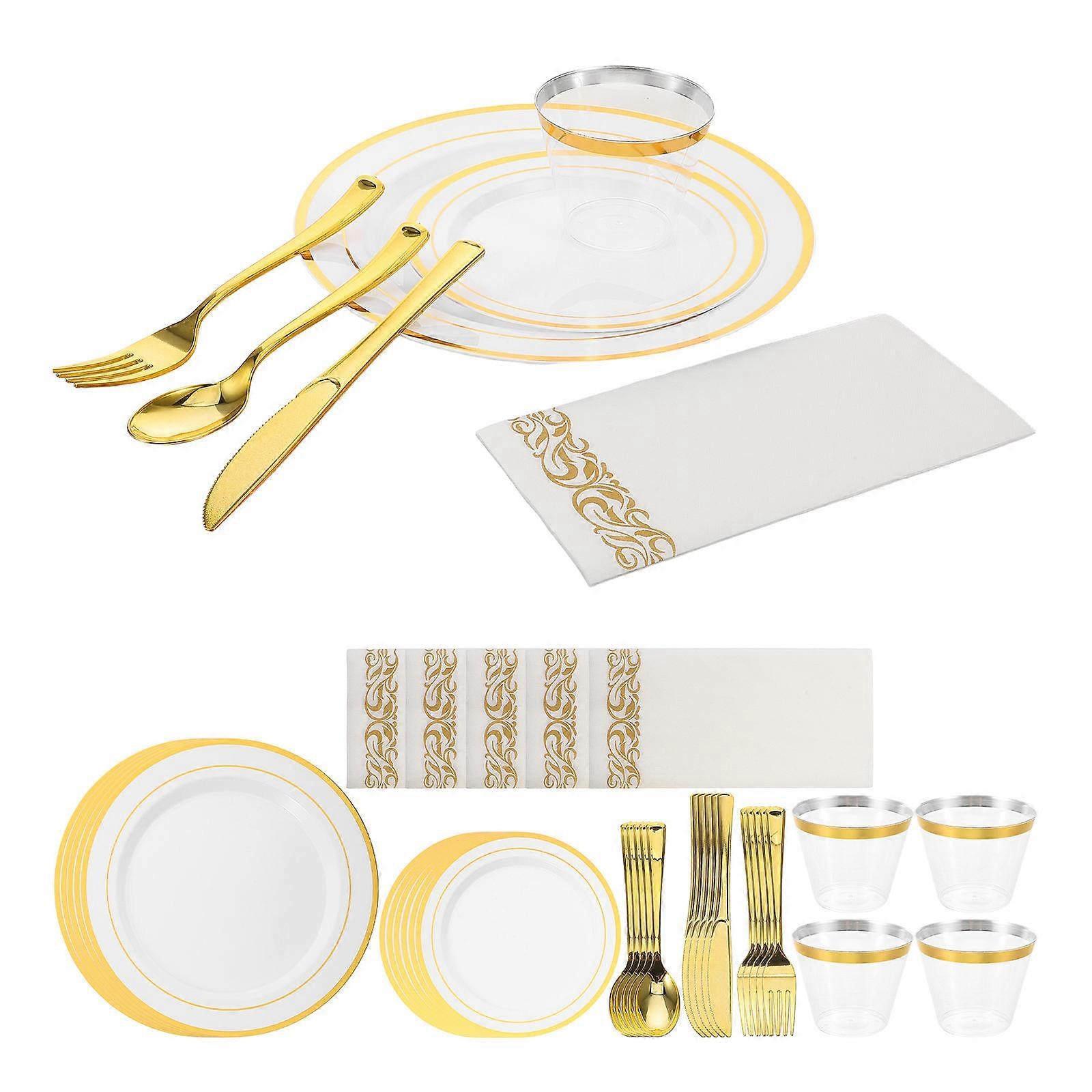 Plastic Gold Plates and Utensils Set for Party Use with 25 Full Sets