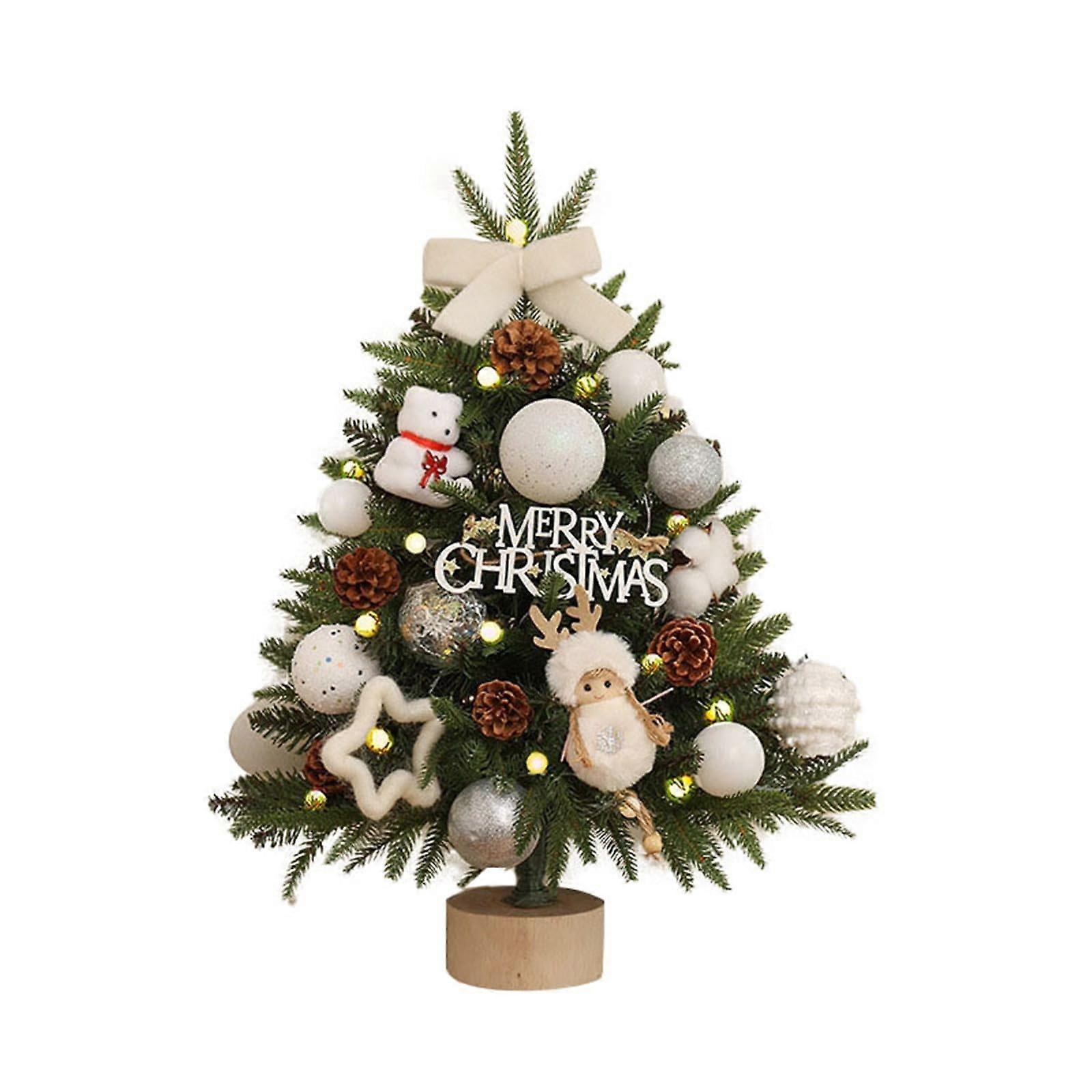 18 Inch Tabletop Christmas Tree with LED Lights, Battery Operated, Wooden Base and Ornaments