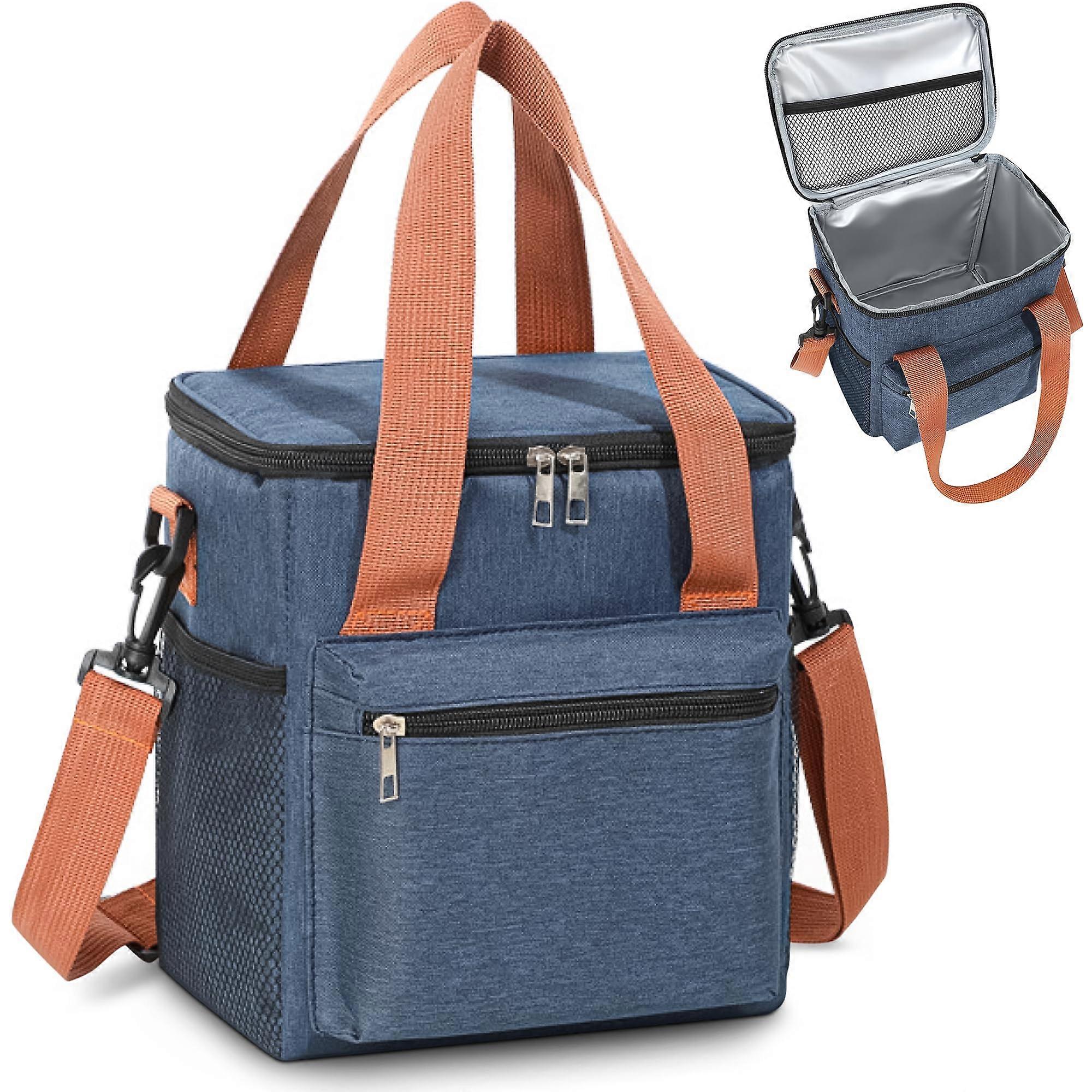 Collapsible Insulated Lunch Bag with Shoulder Strap, Wide Zip Opening, EasyClean Liner, Pockets, Reusable for Work and Travel, Navy Blue