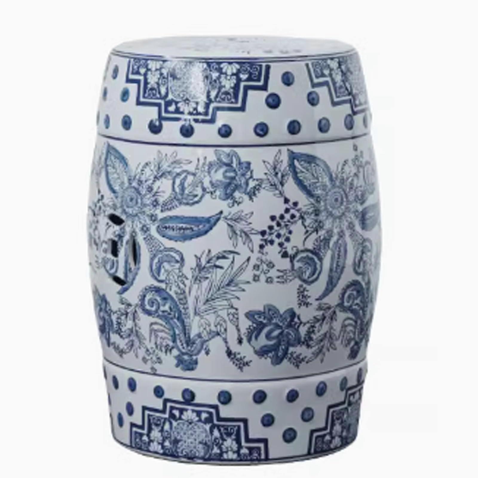 HandPainted Blue Glazed Ceramic Garden Stool, Weather Resistant Outdoor Decorative Side Table