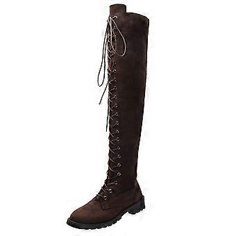 Kniehoge cowboylaarzen, winterlaarzen, herfstlaarzen met ronde lage hak en vetersluiting, maat US: 8.5 (41)
